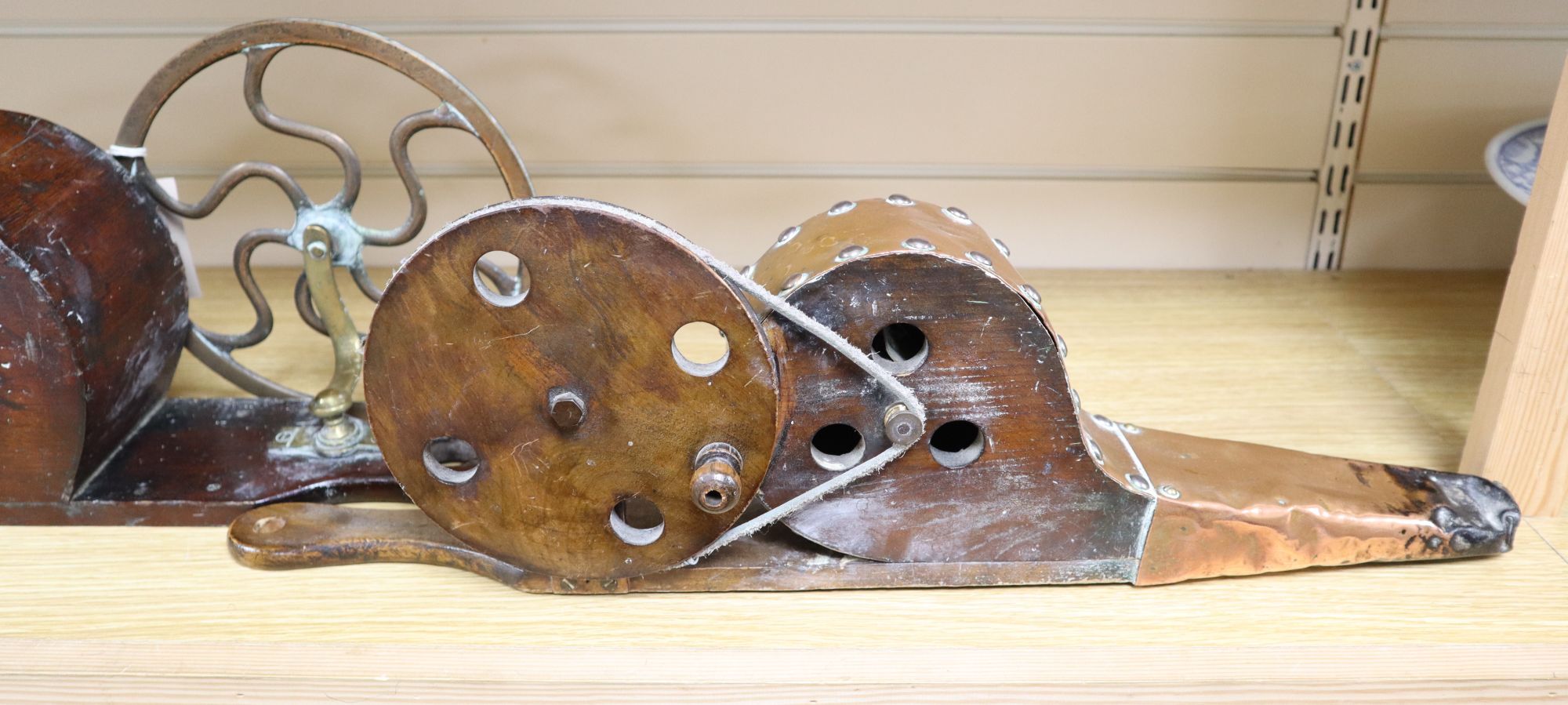 Two 19th century brass mechanical wheel bellows, length 70cm